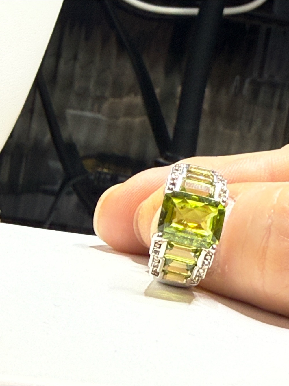 Sterling Silver Peridot-Cut Green Crystal Ring clear CZ Accents - Picture 2 of 11